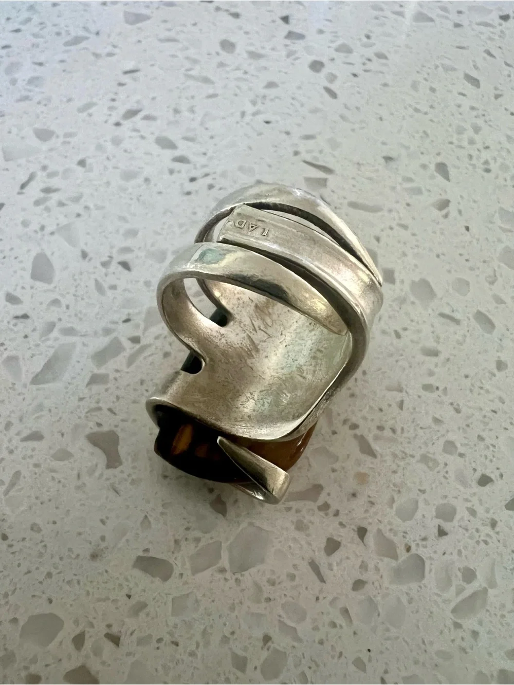 Chunky Silver “Fork” Ring with Brown Tiger's Eye Stone
